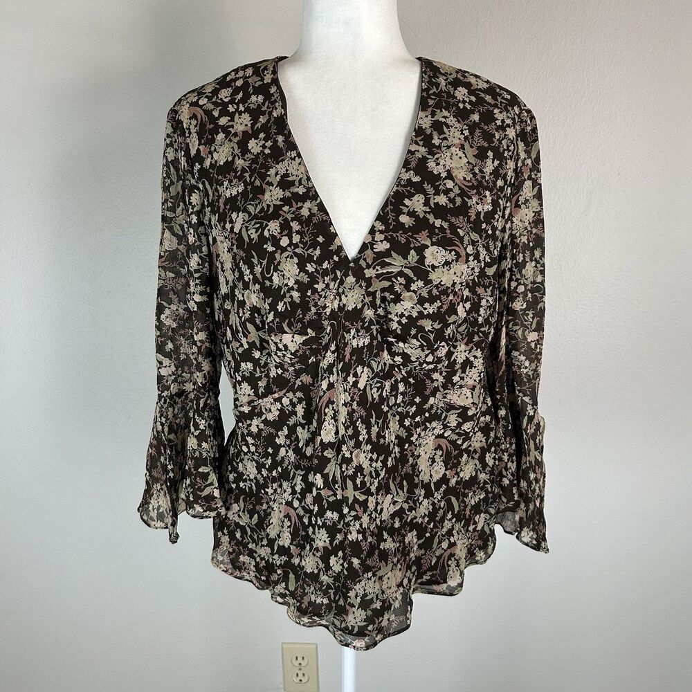 Vintage 90s Silk Top Blouse XL Fairy Grunge Forrest Chocolate Floral Top v-neck